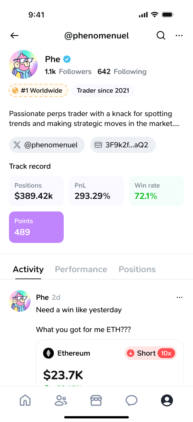 Oni user profile showing a verified trader's on-chain track record with positions, PnL, win rate, and activity